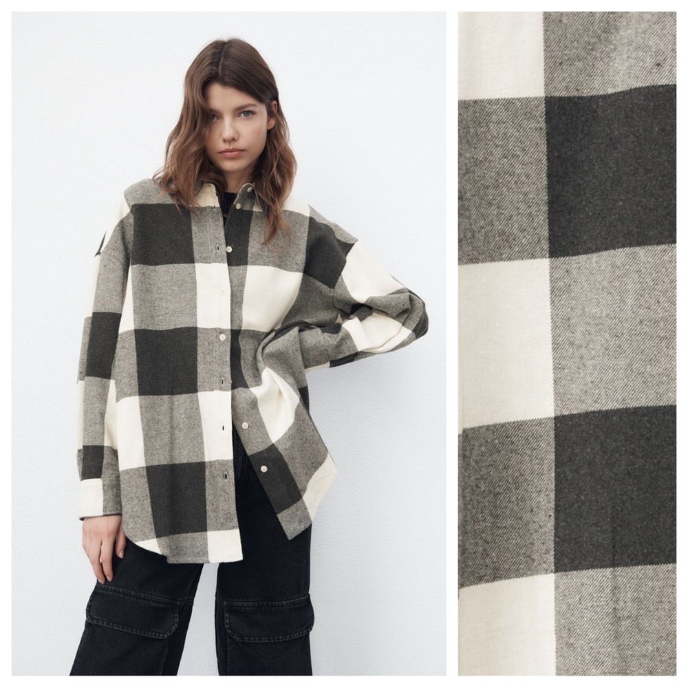 NWT. Zara Oversized Black/Cream Plaid Flannel Shirt. Size M. - Picture 1 of 10